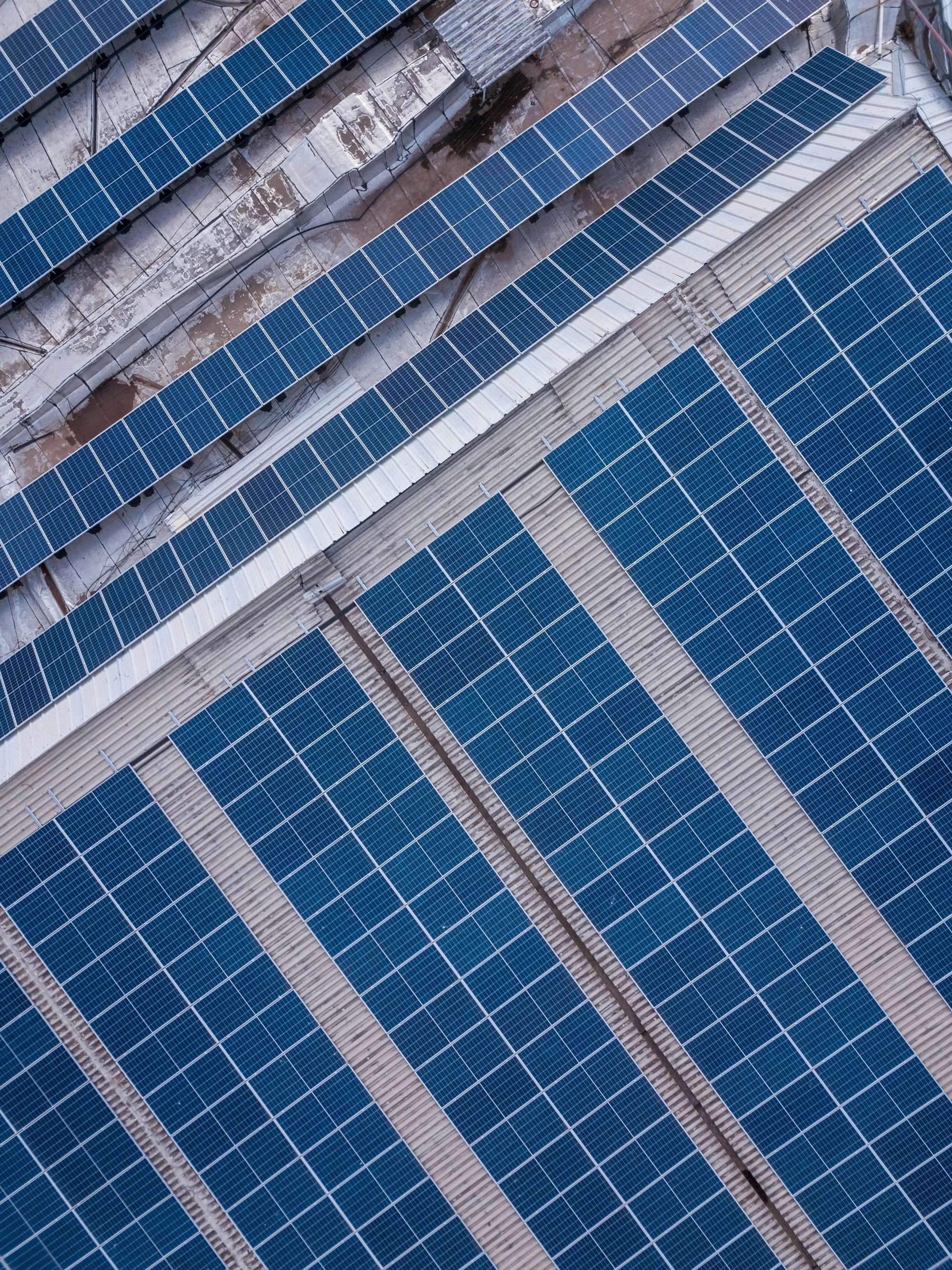 Diagonal rows of blue solar panels seen from above